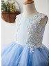 Blue Ruffle Tulle Pearl Embellished Wedding Flower Girl Dress